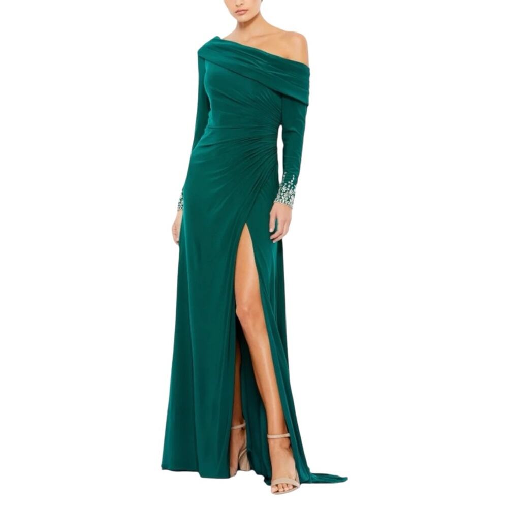 NWT Mac Duggal 12231 Beaded Cuffs One Shoulder Side Slit Gown 16 in Emerald